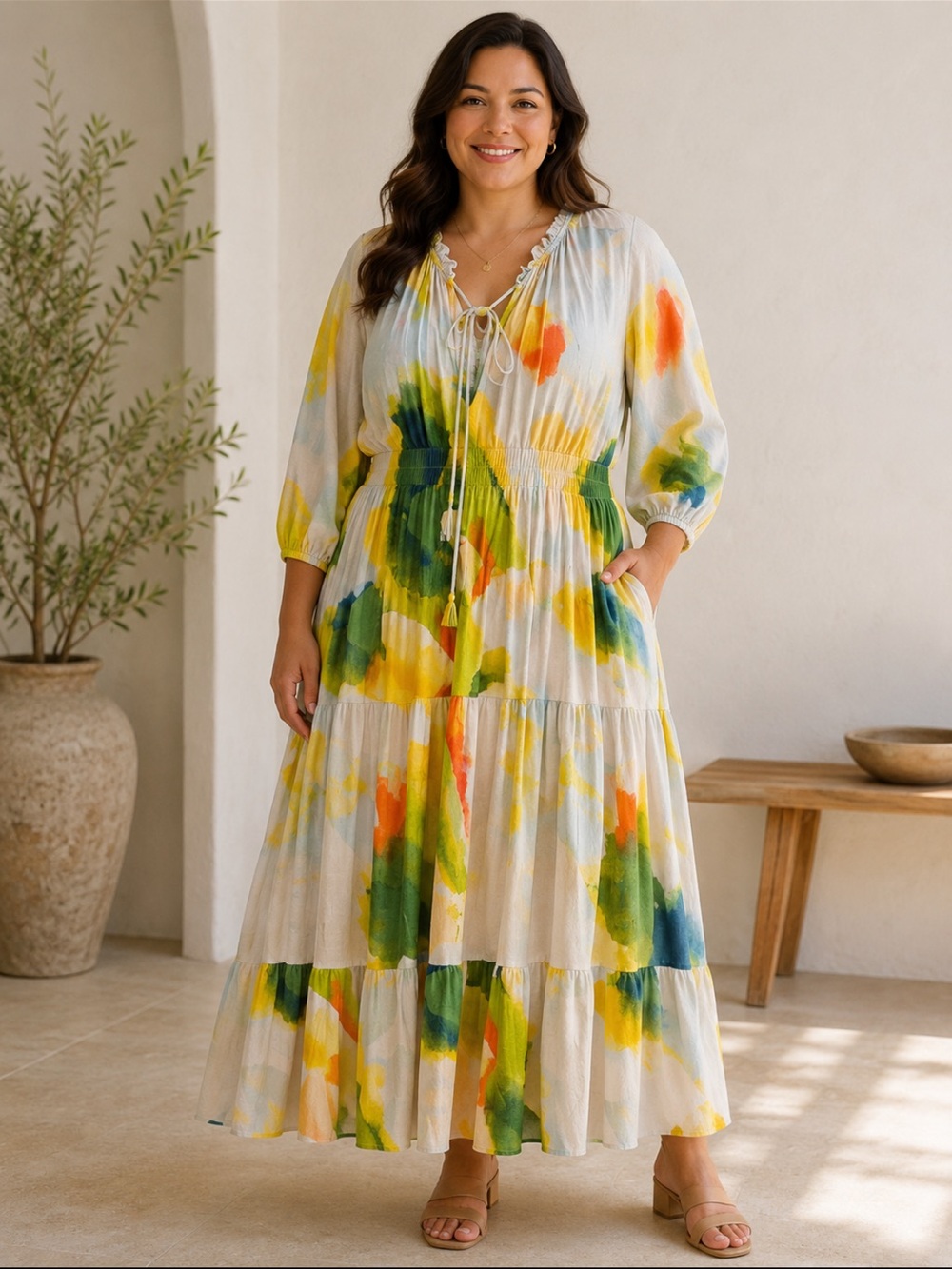 Melissa McCarthy Seven7 Multi-Color Watercolor Floral Tiered Maxi Dress